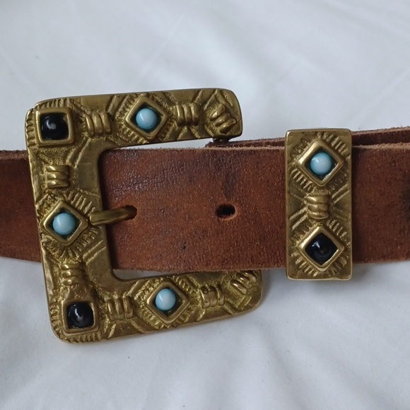 VTG Western Leather Brass Buckle D-Ring Belt, 32-36\